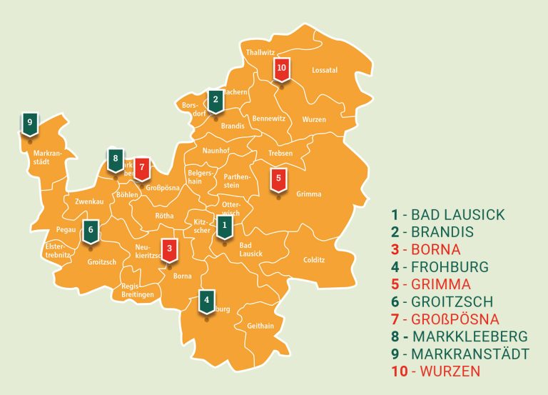 Wertstoffhof Grafik, Karte von Nordsachsen mit Markierungen zum Wertstoffhof